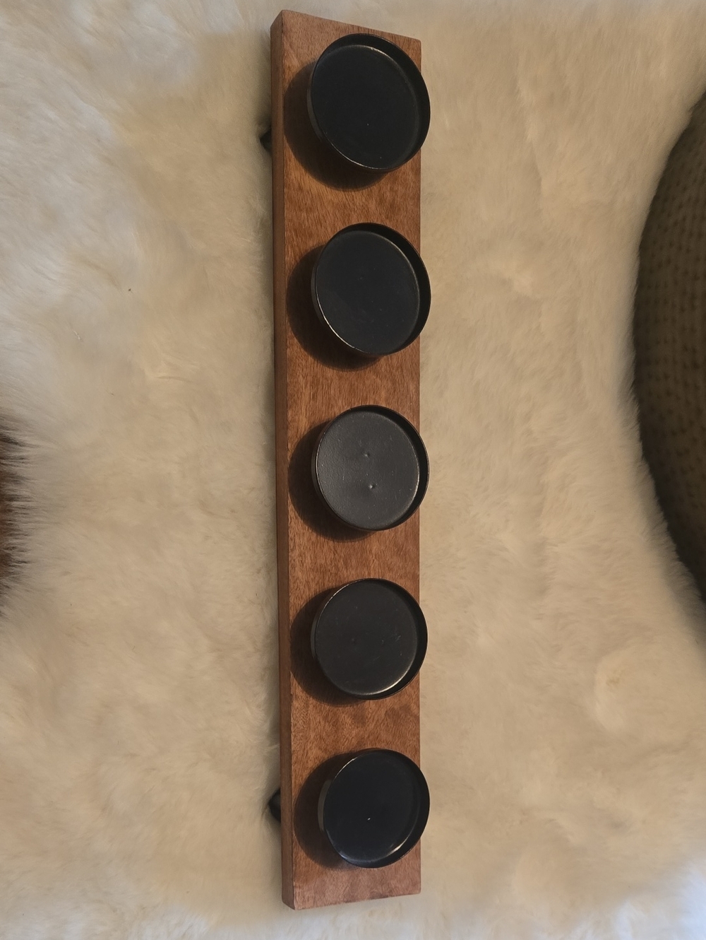 Wood Candle Holder with Five Black Metal Cups